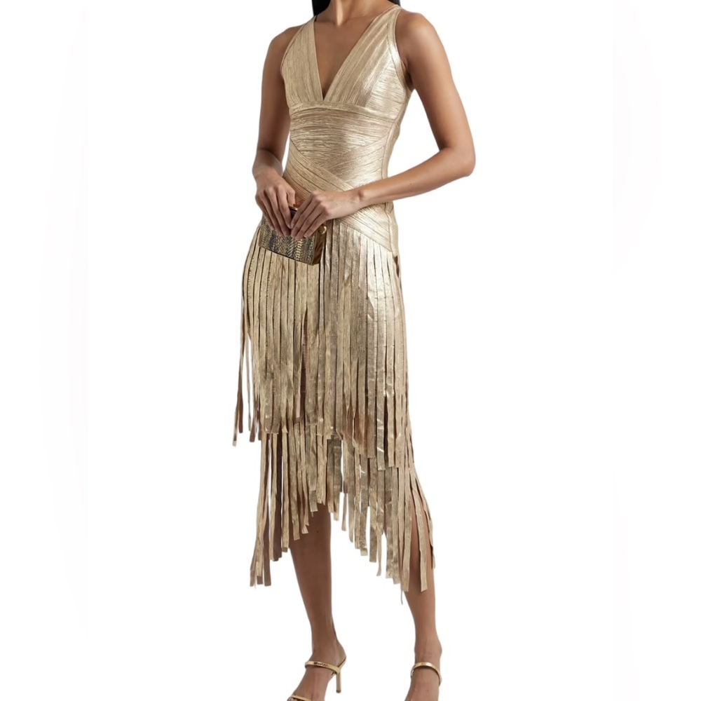 HERVE LEGER GOLD BANDAGE FRINGE DRESS